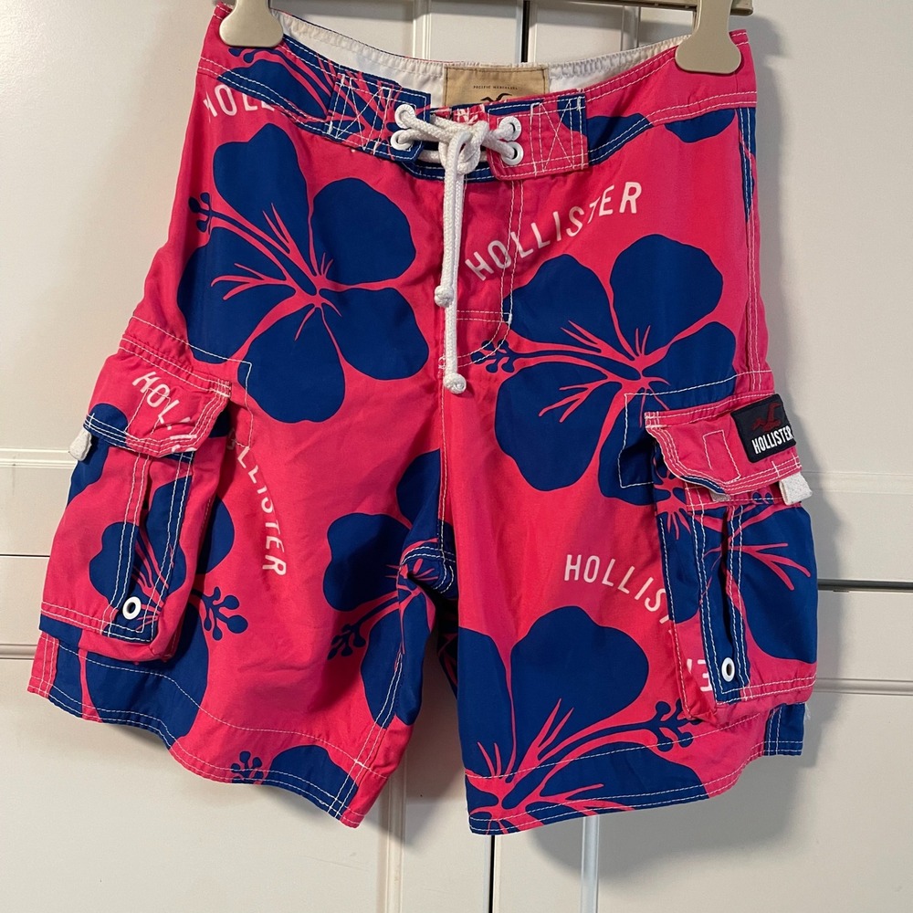 Hollister Mens Pink Blue Hibiscus Floral Board Shorts Cargo Swim Trunks XS